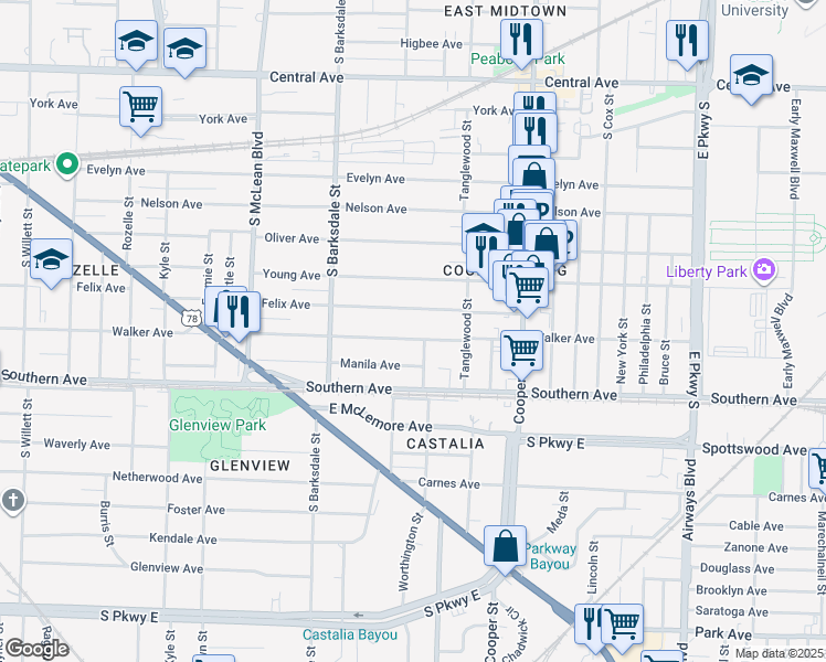map of restaurants, bars, coffee shops, grocery stores, and more near 2004 Walker Avenue in Memphis