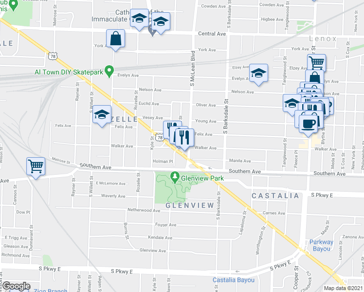 map of restaurants, bars, coffee shops, grocery stores, and more near in Memphis