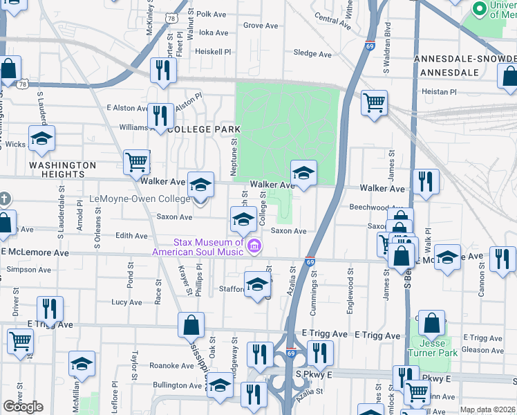 map of restaurants, bars, coffee shops, grocery stores, and more near 1056 Beach Street in Memphis