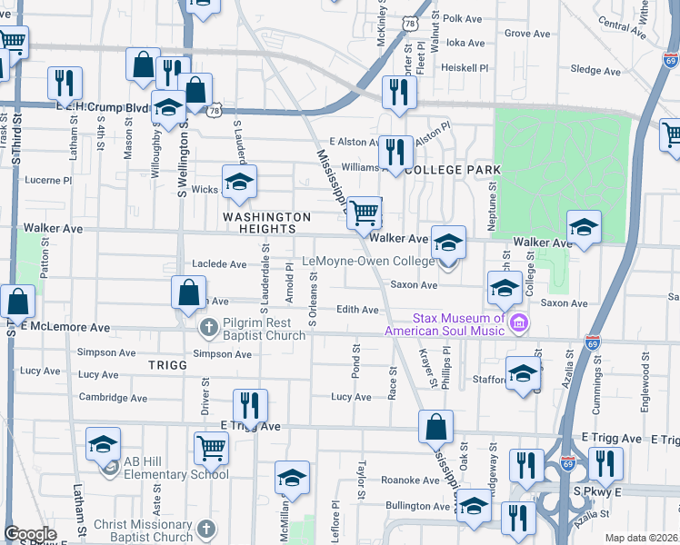 map of restaurants, bars, coffee shops, grocery stores, and more near 1060 Shaw Place in Memphis