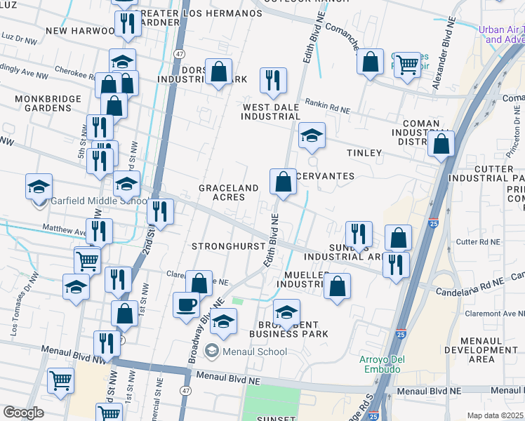 map of restaurants, bars, coffee shops, grocery stores, and more near 3714 Franciscan Street Northeast in Albuquerque