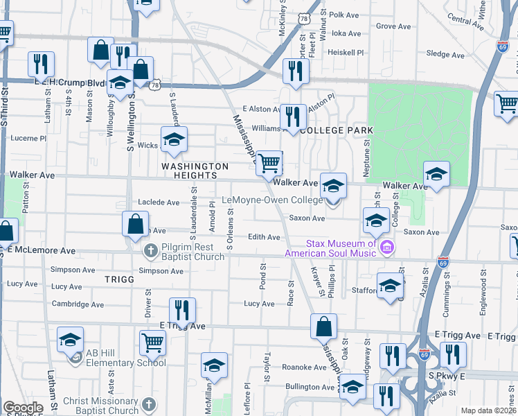 map of restaurants, bars, coffee shops, grocery stores, and more near 1060 Shaw Place in Memphis