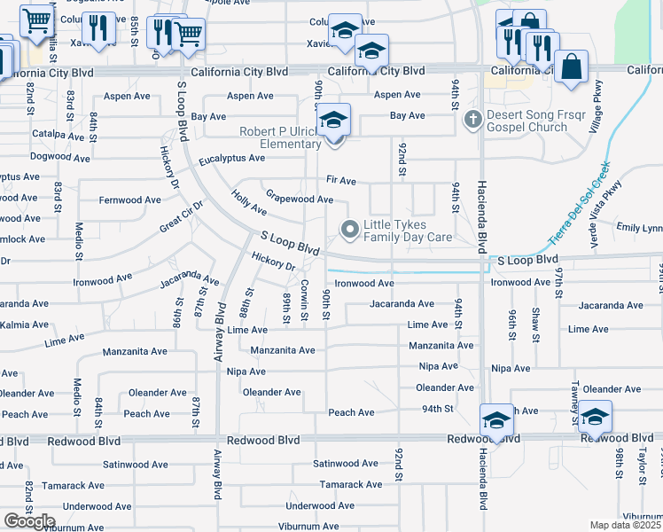 map of restaurants, bars, coffee shops, grocery stores, and more near 20424 90th Street in California City