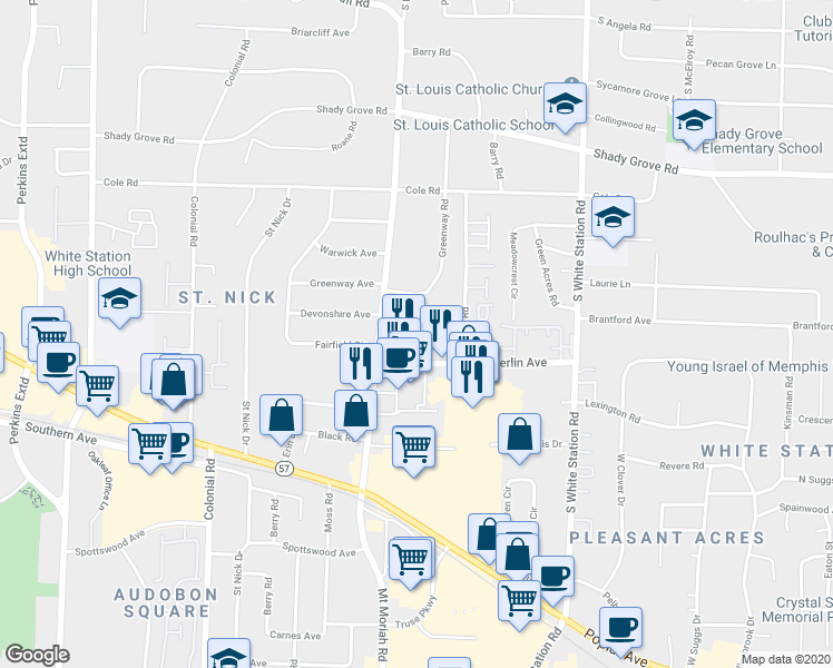 map of restaurants, bars, coffee shops, grocery stores, and more near 5050 Sanderlin Avenue in Memphis