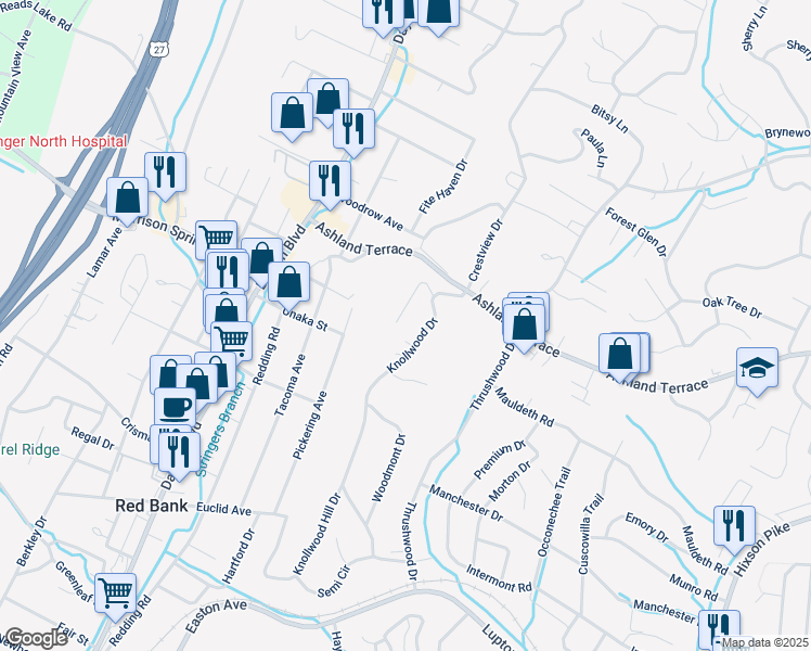 map of restaurants, bars, coffee shops, grocery stores, and more near 3956 Knollwood Terrace in Chattanooga