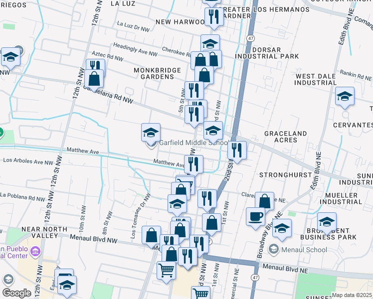 map of restaurants, bars, coffee shops, grocery stores, and more near 3501 4th Street Northwest in Albuquerque