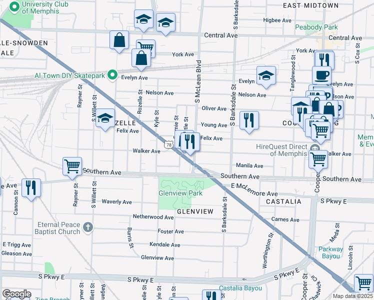 map of restaurants, bars, coffee shops, grocery stores, and more near in Memphis