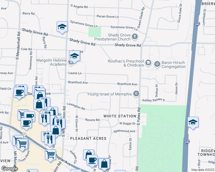 map of restaurants, bars, coffee shops, grocery stores, and more near 5409 Brantford Avenue in Memphis