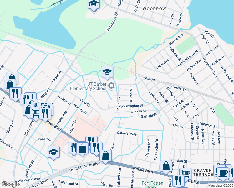 map of restaurants, bars, coffee shops, grocery stores, and more near 1700 Cobb Street in New Bern