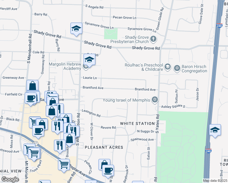 map of restaurants, bars, coffee shops, grocery stores, and more near 5365 Brantford Avenue in Memphis