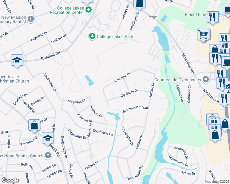 map of restaurants, bars, coffee shops, grocery stores, and more near 4012 Calver Court in Fayetteville