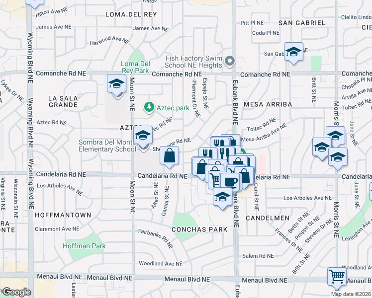 map of restaurants, bars, coffee shops, grocery stores, and more near 9401 Arvilla Avenue Northeast in Albuquerque