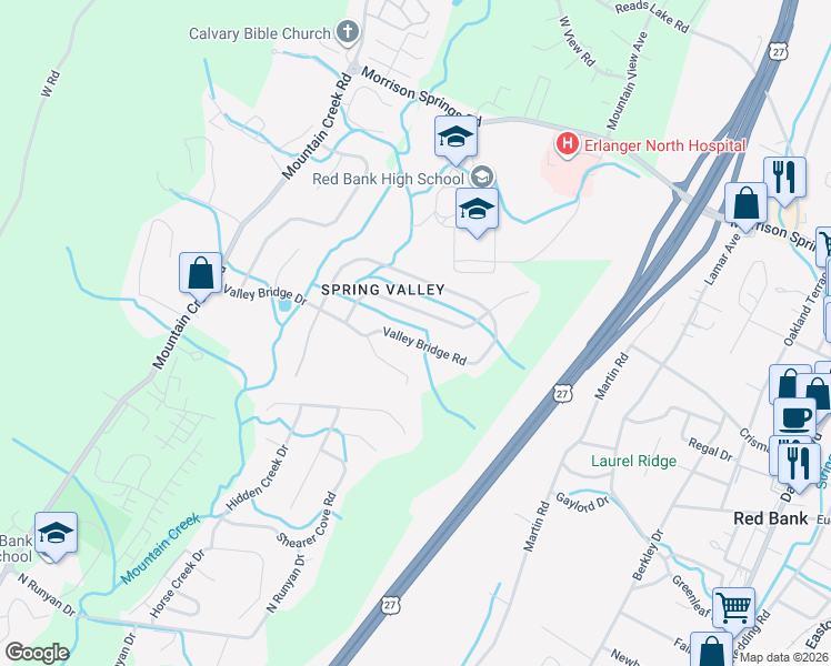 map of restaurants, bars, coffee shops, grocery stores, and more near 621 Valley Bridge Road in Chattanooga