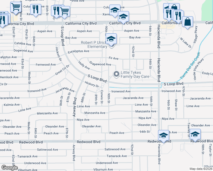 map of restaurants, bars, coffee shops, grocery stores, and more near 20424 90th Street in California City