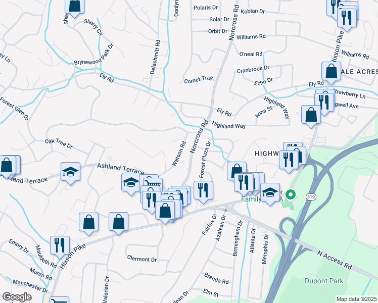 map of restaurants, bars, coffee shops, grocery stores, and more near 4115 Norcross Road in Chattanooga
