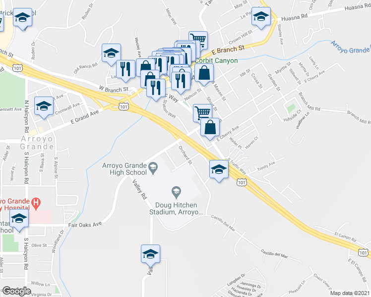 map of restaurants, bars, coffee shops, grocery stores, and more near 417 Orchard Street in Arroyo Grande