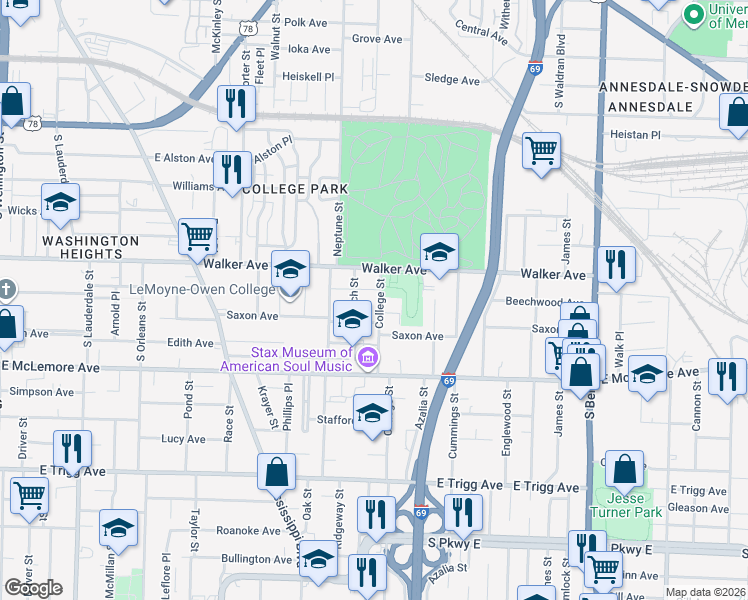 map of restaurants, bars, coffee shops, grocery stores, and more near 1056 Beach Street in Memphis
