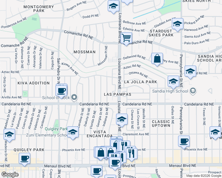 map of restaurants, bars, coffee shops, grocery stores, and more near 3100 Indiana Street Northeast in Albuquerque