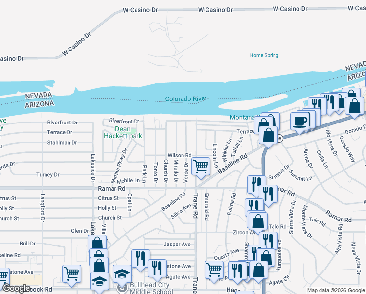 map of restaurants, bars, coffee shops, grocery stores, and more near 1385 Verde Drive in Bullhead City