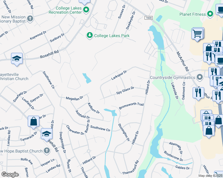 map of restaurants, bars, coffee shops, grocery stores, and more near 4012 Calver Court in Fayetteville