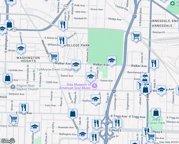 map of restaurants, bars, coffee shops, grocery stores, and more near 1056 Beach Street in Memphis