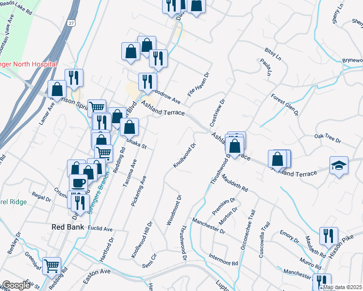 map of restaurants, bars, coffee shops, grocery stores, and more near 3956 Knollwood Terrace in Chattanooga
