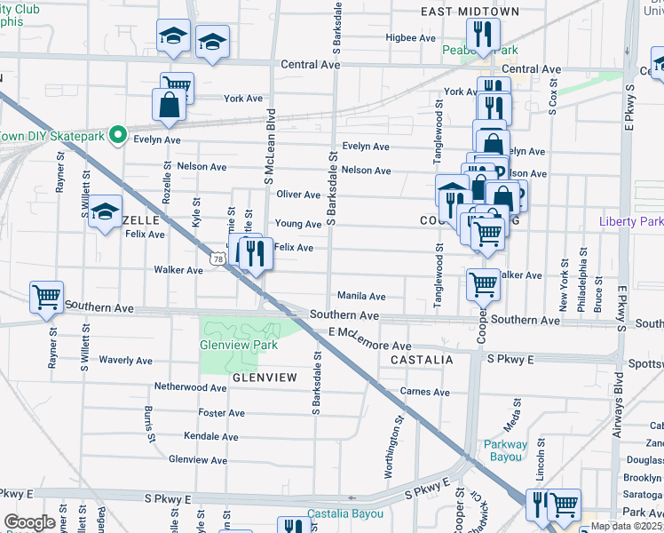 map of restaurants, bars, coffee shops, grocery stores, and more near 1912 Walker Avenue in Memphis