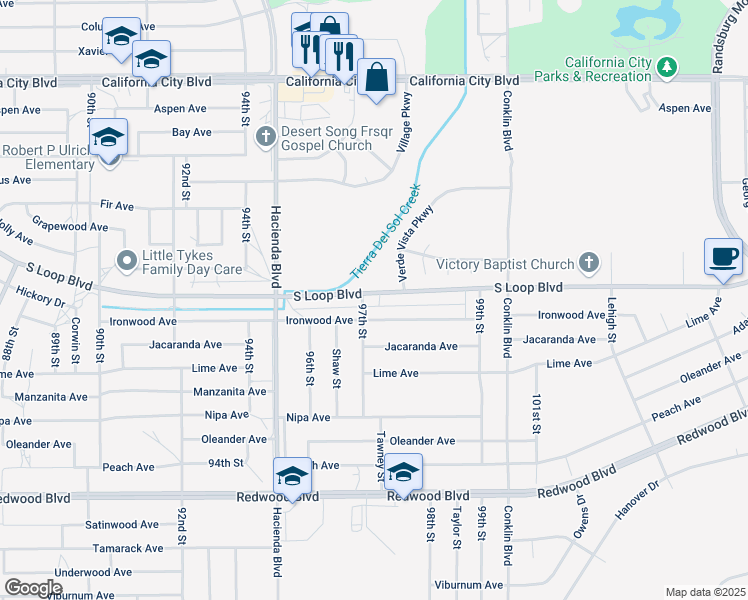 map of restaurants, bars, coffee shops, grocery stores, and more near 9712 South Loop Boulevard in California City