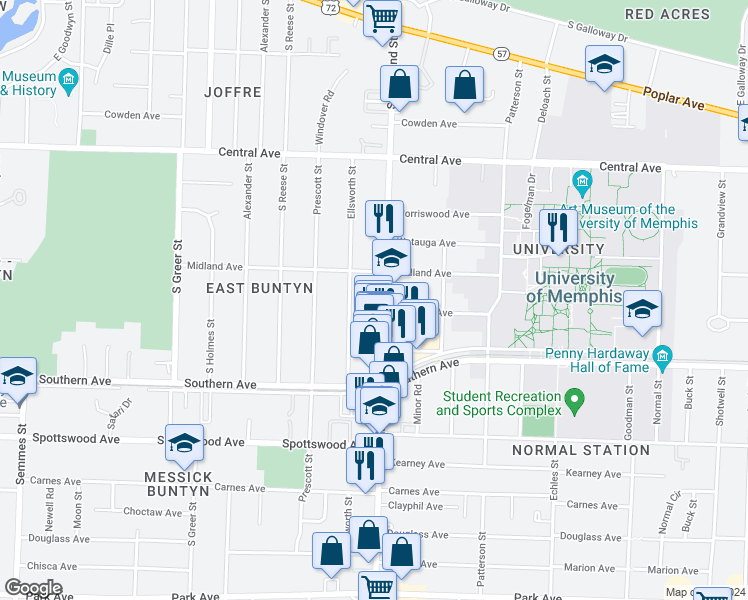 map of restaurants, bars, coffee shops, grocery stores, and more near 483 South Highland Street in Memphis