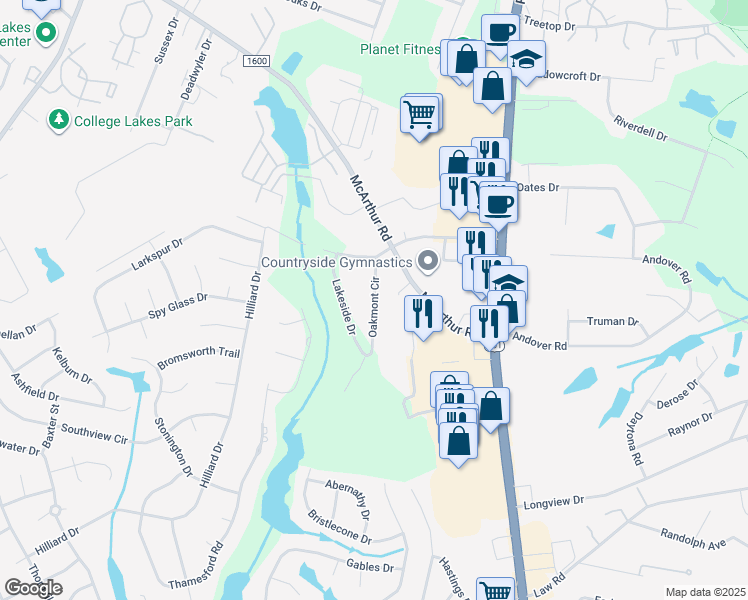 map of restaurants, bars, coffee shops, grocery stores, and more near Oakmont Circle in Fayetteville