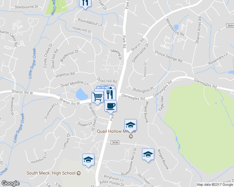 map of restaurants, bars, coffee shops, grocery stores, and more near Park Rd & Sharon Rd W in Charlotte
