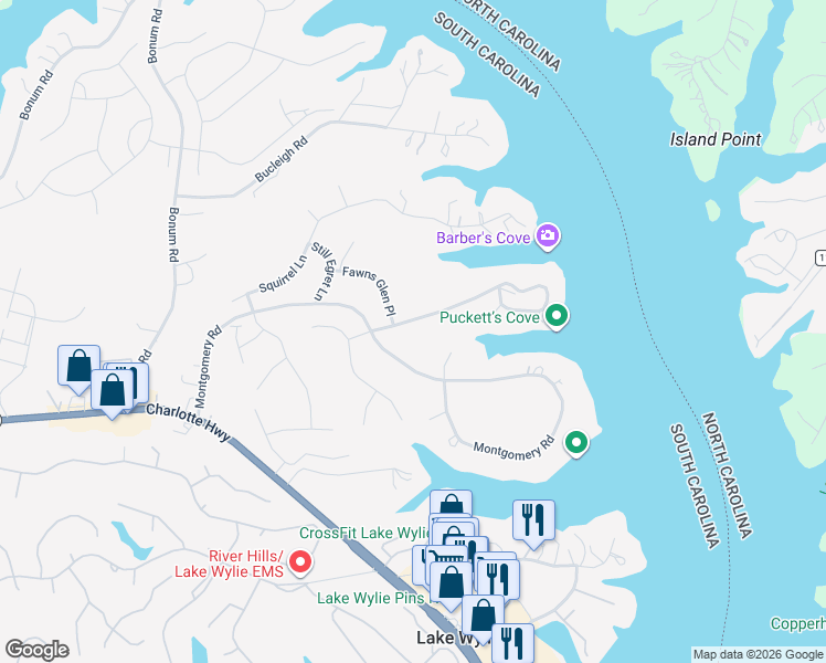map of restaurants, bars, coffee shops, grocery stores, and more near 6857 Pine Moss Lane in Clover