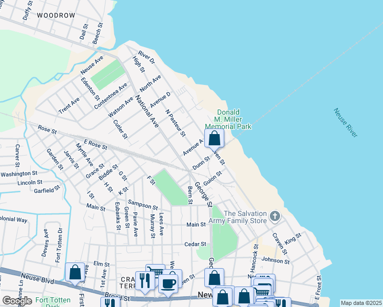 map of restaurants, bars, coffee shops, grocery stores, and more near 405 Avenue A in New Bern