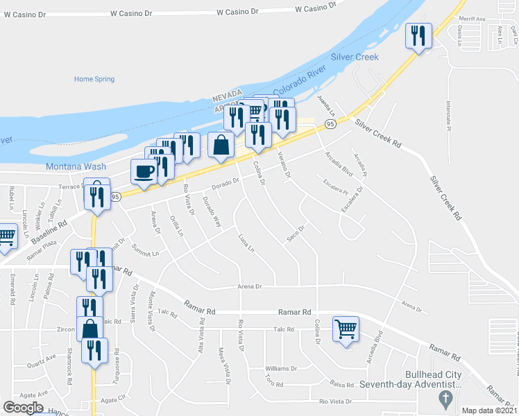 map of restaurants, bars, coffee shops, grocery stores, and more near 1412 Plata Dr in Bullhead City