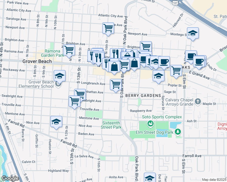 map of restaurants, bars, coffee shops, grocery stores, and more near 1707 Manhattan Avenue in Grover Beach