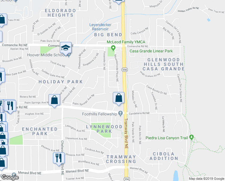 map of restaurants, bars, coffee shops, grocery stores, and more near 12401 Himalayan Way Northeast in Albuquerque