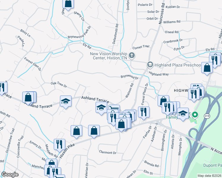 map of restaurants, bars, coffee shops, grocery stores, and more near 1329 Highland Road in Chattanooga
