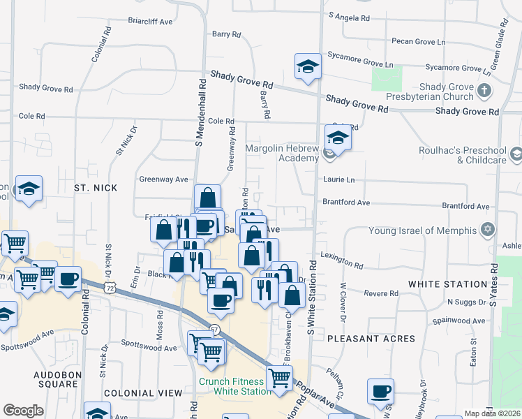 map of restaurants, bars, coffee shops, grocery stores, and more near 489 West Racquet Club Place in Memphis