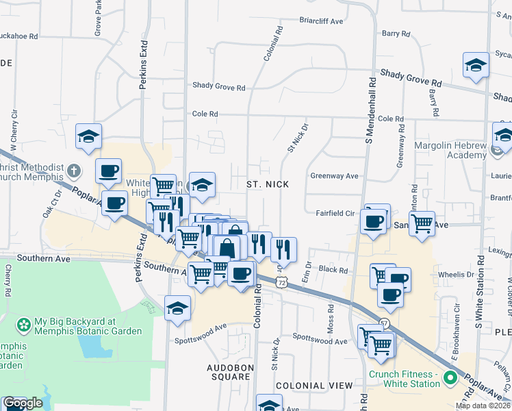map of restaurants, bars, coffee shops, grocery stores, and more near 480 Colonial Road in Memphis