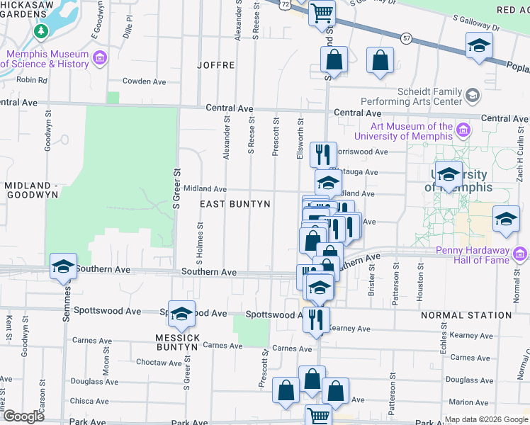 map of restaurants, bars, coffee shops, grocery stores, and more near 501 Prescott Street in Memphis