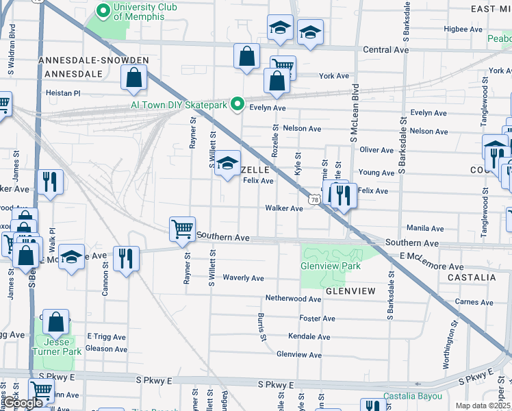map of restaurants, bars, coffee shops, grocery stores, and more near 1022 Oakview Street in Memphis