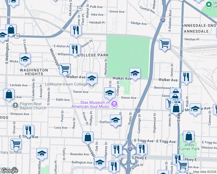 map of restaurants, bars, coffee shops, grocery stores, and more near 1056 Beach Street in Memphis