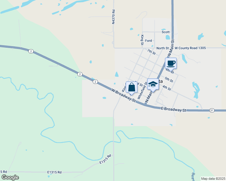 map of restaurants, bars, coffee shops, grocery stores, and more near Oklahoma 2 in Kinta