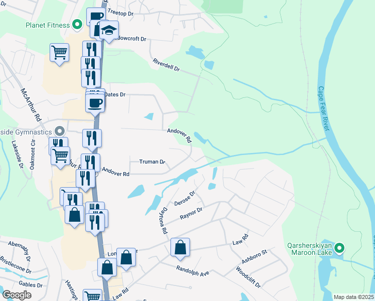 map of restaurants, bars, coffee shops, grocery stores, and more near 400 Andover Road in Fayetteville