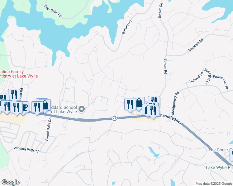 map of restaurants, bars, coffee shops, grocery stores, and more near 655 Cypress Glen Lane in Lake Wylie