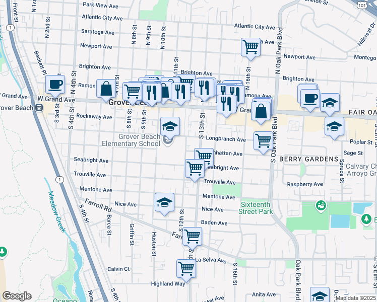 map of restaurants, bars, coffee shops, grocery stores, and more near 1218 Manhattan Avenue in Grover Beach