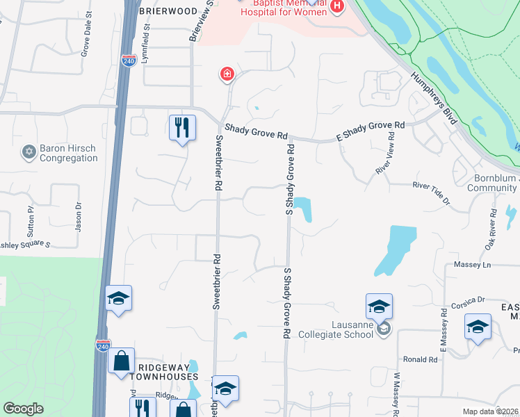 map of restaurants, bars, coffee shops, grocery stores, and more near 6052 River Oaks Cove in Memphis