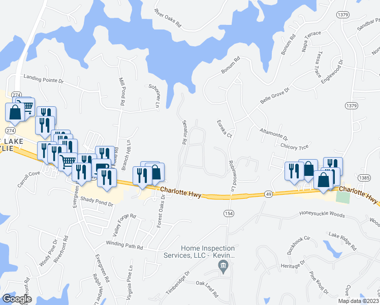 map of restaurants, bars, coffee shops, grocery stores, and more near 20 Greenwich Boulevard in Lake Wylie