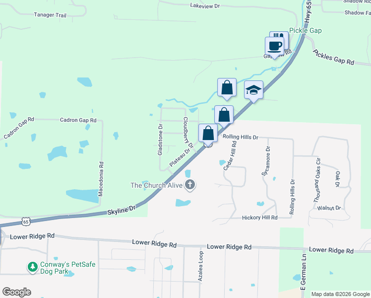 map of restaurants, bars, coffee shops, grocery stores, and more near 2835 Plateau Drive in Conway