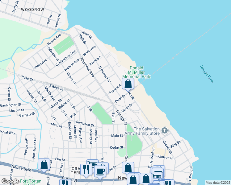 map of restaurants, bars, coffee shops, grocery stores, and more near 405 Avenue A in New Bern